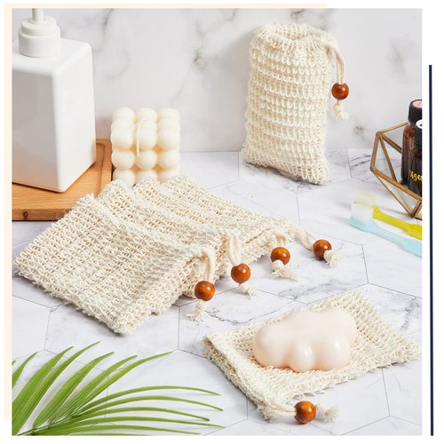 Cunhill 40 Pack Soap Saver Bag Exfoliating Sisal Soap Pouch with Drawstring Bar Wooden Bead Foaming and Drying Exfoliating Net for Bath and Shower (3.5x5.5 Inch)