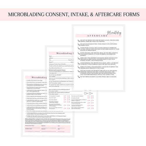 Microblading Intake, Consent, and Aftercare Form | Printed Physical 8.5 x 11" A1 Forms | Clients Signature | White and Pink Design