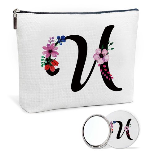 Make Up Bags for Women, Personalized Letter U Makeup Bag with Mirror, Initial Canvas Bag Cosmetic Travel Bags Toiletry Pouch Gift for Girls, Wedding Birthday Gifts for Sister Mom Friends Female(U)
