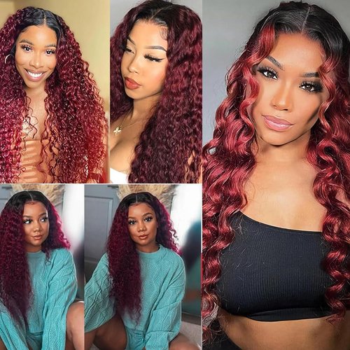 1B/99j Red Deep Wave Black Burgundy Curly Closure Human Hair 4x4 HD Transparent Lace 20 Inch High Density Brazilian Unprocessed Virgin Hair Wet And Wavy For Woman