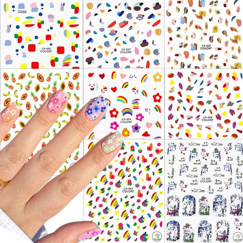 WAFOLOZE 8 Sheets Geometry Summer Nail Stickers for Girls,Fruits Nail Decals 3D Self-Adhesive Kids Flower Nail Stickers Little Rainbow Design Holiday Decals for Women
