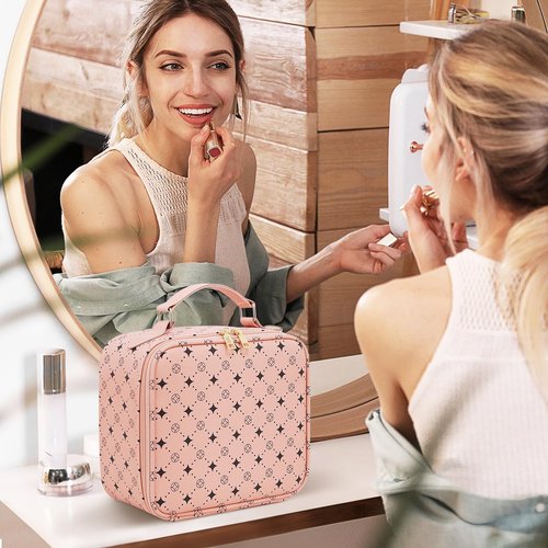 Travel Makeup Bag With 360° rotating LED Mirror,Waterproof cosmetic organizer,Portability Cosmetic case,Makeup organizer,Gift for Women,Girls Gift (Pink)