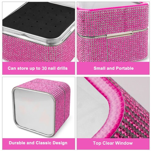 Cellentool 30Pcs Nail Drill Bits Set with Rhinestone Storage Box, 3/32 Inch Ceramic Diamond Carbide Nail Drill Bits for Acrylic Gel Polish, Cuticle Efile Remover for Manicure (Pink)