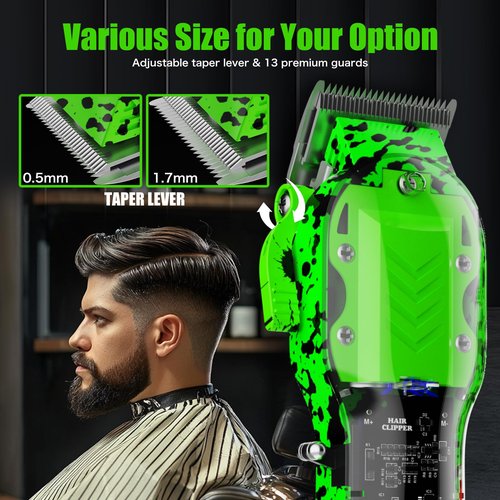 Professional Hair Clippers for Men, Cordless Barber kit for Hair Cutting & Grooming, Green Hair Clippers Set for Barber Haircut with LED Display 8 Fade Taper Combs