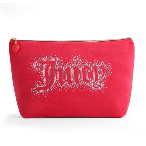 Juicy Couture Red Makeup Bag Cosmetics Organizer Travel Essentials Top Zip Pouch Rhinestone Velour