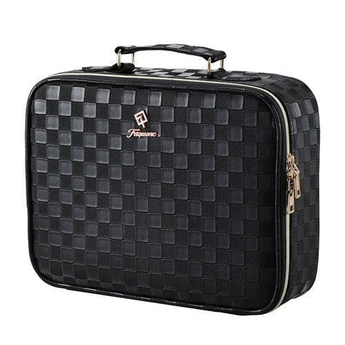 Faquenc Makeup Bag with LED Lighted Mirror 12.2 IN Travel Makeup Bag Adjustable Brightness in 3 Colors Cosmetic Organizer Artist Storage Bag with Dividers Brush Holder Bag Vanity Black Checkerboard