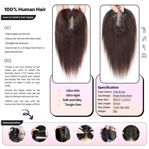 SHEIRIS Human Hair Toppers for Women, for Women with Thinning Hair Swiss Base, No Bangs, 10 Inch (#3)