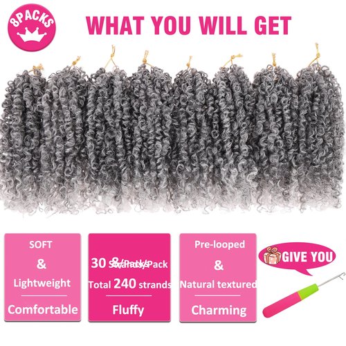 Unionbeauty 12 Inch Pre-Looped Yanky Twist Crochet Hair 8Packs Pre-Twisted Short Water Wave Passion Twist Crochet Braids Ombre Grey Micro Spring Twist Marlybob Synthetic Crochet Hair Extensions TGrey#