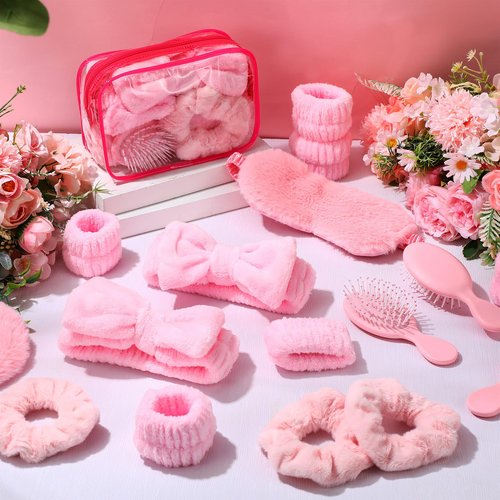 Daifunli 36 Pieces Pink Spa Sleepover Party Favors 6 Pink Spa Headband 6 Plush Sleep Eye Mask 6 Velvet Scrunchies 6 Wristband 6 Hair Brush 6 Clear Cosmetic Bags for Slumber Party Favor Gift
