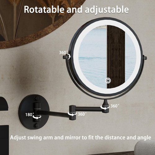 WZRUA 8 Inch Lighted Makeup Mirror Rechargeable Wall Mounted,Double-Sided 1X/10X Magnification,Dimmable 360° Swivel Extendable Bathroom Mirror Matte Black