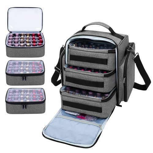 BAFASO Nail Polish Organizer Holds 72 Bottles (15ml - 0.5 fl.oz), Large Nail Polish Case with 3 Removable Pouches and Multiple Storage Sections (Patented Design), Gray