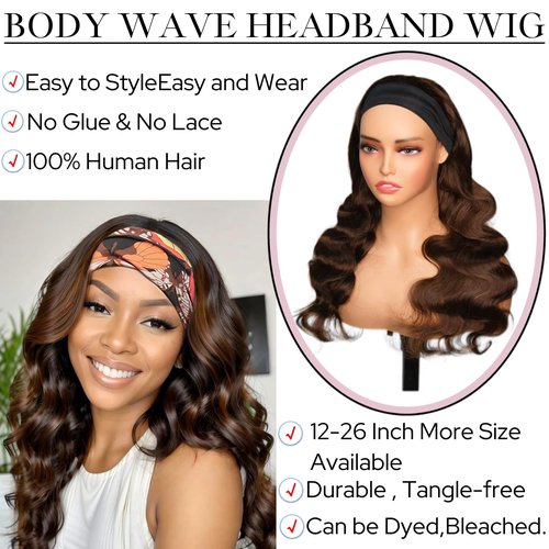 Head Band Wigs Human Hair Chocolate Brown Glueless 100% Human Hair None Lace Front Wig Virgin #4 Colored Headband Wig Human Hair 180 Density 14inch