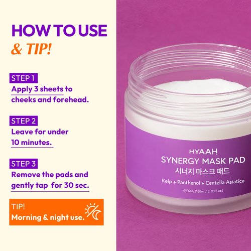 HYAAH Synergy Mask Pad - Korean Face Toner Pads with Kelp Seaweed Extract, Cica, Panthenol and Ectoin - Calming, Hydrating, Pore Refining - Soft Cotton Pad for Sensitive Skin, 60 Pads