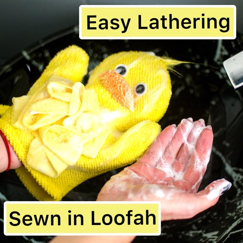 Made Easy Kit Hand Puppet Bath Wash Mitt Towel with Animal Designs with Loofahs for Fun Interactive Bathing Time (Green Yellow Pink Blue)