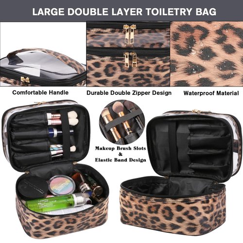 FITINI Makeup Bags Double Layer Travel Large Cosmetic Cases Organizer Toiletry Bags Waterproof Small Zipper Pouch for Women Makeup Brush Storage Bag,Brown Leopard