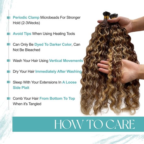 I Tip Human Hair Extensions 14inch 100 Strand 50G, Water Wave I Tips Hair Extensions Real Human Hair for Women Ombre Blonde Extensions I Tips Camel Brown Microlinks Cold Fusion I Tip Human Hair