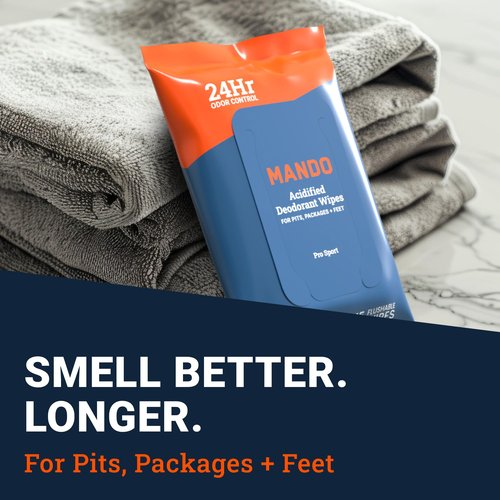 Mando Whole Body Three Piece System - 2.6oz Smooth Solid Stick, 3.6oz Deodorant Spray, 15ct Deodorant Wipes - Aluminum & Baking Soda Free Odor Control - Doctor Developed - 3pc Bundle (Bourbon Leather)