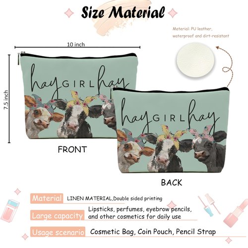 NEGIGA Cow Print Stuff,Cow Makeup Bag,Cow Gifts,Western Makeup Bag,Makeup Bags For Women,Cow Print(Green Pu Leather Cosmetic Bag)