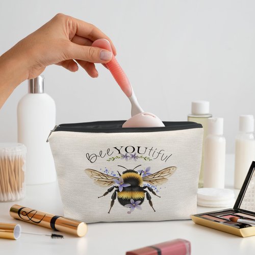 Absnfatu Bee Gifts for Bee Lovers Small Makeup Bag, Bee Gifts for Women, Honey Bee Gifts Cosmetic Bags for Women, Bee You Tiful Bag（Style D