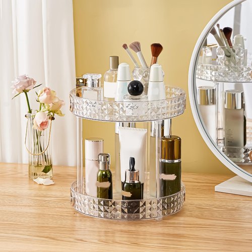 Xonusin 360° Rotating Makeup Organizer, 2 Tier Large Perfume Organizers with Portable Handle for Vanity Bathroom Countertop, Bathroom Counter Organizer for Cosmetics Skincare Perfume