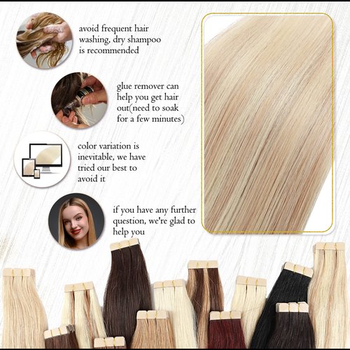 Benehair Tape in Hair Extensions Human Hair Balayage Ash Blonde Highlighted Bleach Blonde 20pcs 40g/pack Straight Hair Extensions Seamless Skin Weft Tape in Natural Hair (14", 18P613)