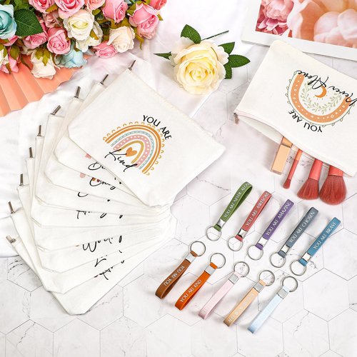 Fumete 60 Pcs Employee Appreciation Gifts Bulk 30 Inspirational Rainbow Canvas Makeup Bag 30 Motivational Keychains Cosmetic Bag Thank You Gifts for Vet Tech Week Nurse Assistant Volunteer Coworker