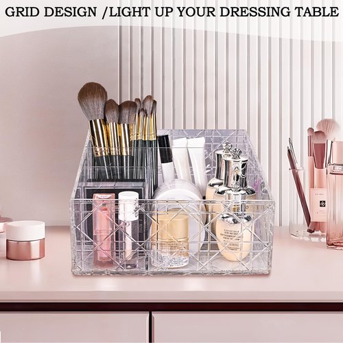 HuixinAcrli Acrylic Makeup Organizer, Clear Cosmetic Brush Storage Box With 4 Brush Holders,Large-capacity Split Design Can Quickly Organize the Desktop Skincare, Hair Tools, Brushes,Perfume