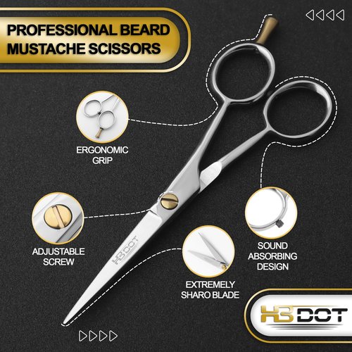 HB DOT - Professional Mustache Scissors, 5 Inches Black Mustache Beard Scissors, German Stainless Steel Beard Scissors for Men with Case, 2 Combs (Silver Shine)