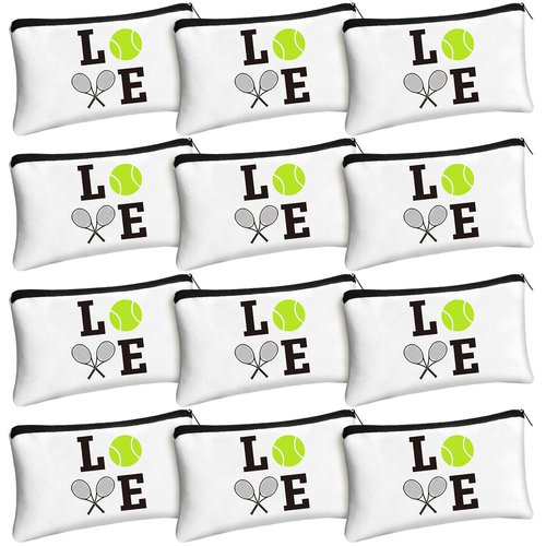 Moukeren 12 Pieces Tennis Makeup Bag Cosmetic Bag Travel Portable Storage Toiletry Case Accessories with Zippers Tennis Gifts for Lovers Players Teams Women Girls(White)