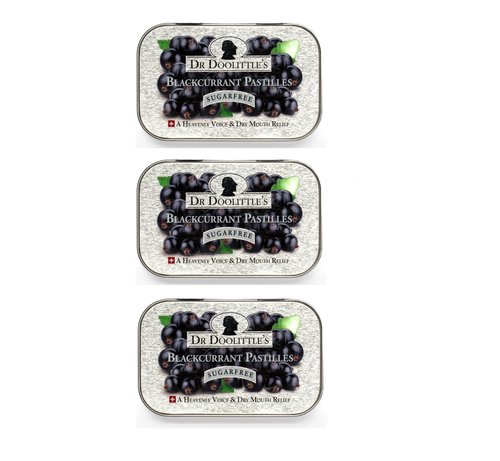 Dr. Doolittle’s Sugar Free Soft Fruit Pastilles for Voice and Throat, Blackcurrant Flavor, 2.12 Ounce Tin, approximately 25 Count Package, 3 Pack