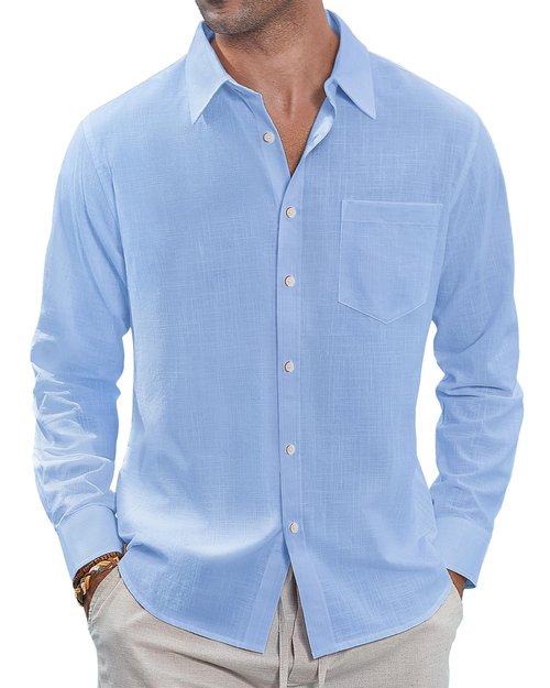 J.VER Men's Half Sleeve Linen Shirt Solid Casual Button Down Shirts Summer Beach Tops with Pocket Light Blue XX-Large