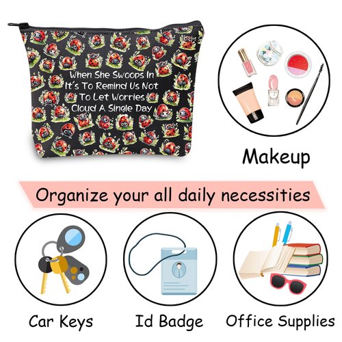 JXGZSO Good Luck Ladybug Makeup Bag With Zipper Gifts For Women When She Swoops In It's To Remind Us Not To Let Worries Cloud A Single Day Cosmetic Bag (Ladybug Bag Black)