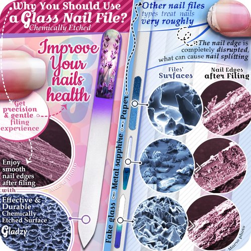 GLADZY Glass Nail File Set – Czech Crystal Nail Files for Natural Nails, Glass Foot File Callus Remover, Professional Manicure & Pedicure Kit for Fingernails & Toenails with Case and Towel, Made in EU