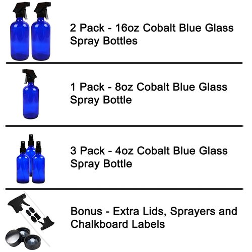 Youngever 6 Pack Empty Cobalt Blue Glass Spray Bottles Refillable Containers, 16 oz 8 oz 4 oz Spray Bottles for Essential Oils, Cleaning Products, Durable Black Trigger Sprayer Fine Mist and Stream