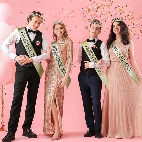 Saintrygo 16 Pcs Halloween Homecoming King and Queen Prince Princess Crown Tiara Court Sash Favors Costume Cosplay