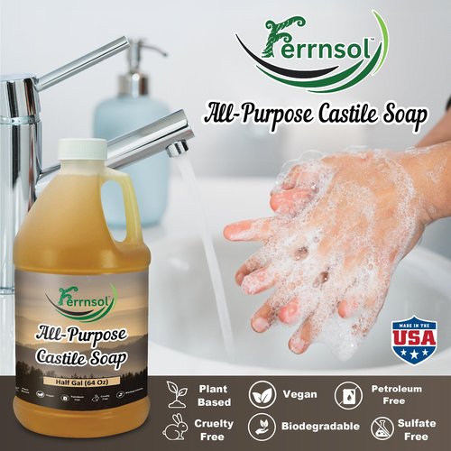 Ferrnsol AP Castile Liquid Soap (1/2-gallon) – Unscented, Fragrance-Free, Refill – Natural Multi-Purpose Soap for Home, Hands, and More – Gentle, Non-Toxic Formula – 64oz, Made in USA
