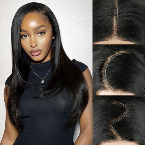 Kmzbasg Black Lace Front Wig for Women Pre-Plucked Pre Cut Glueless Long Straight Layered Synthetic Ready to Wear Wig 4x6 HD Lace for Girls Party Cosplay and Daily Use 26 Inch