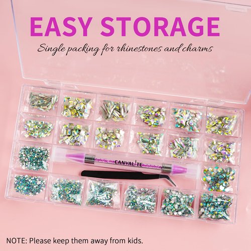 Canvalite 12 Types of 600Pcs Crystal Nail Charms & 5710Pcs Rhinestones for Nails Diamonds for DIY Crafts Flat Back Resin Rhinestones Transparent AB Gemstones Set with Drill Pen & Tweezer