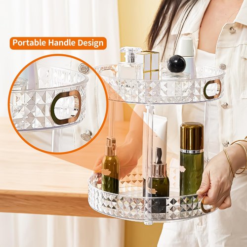 Xonusin 360° Rotating Makeup Organizer, 2 Tier Large Perfume Organizers with Portable Handle for Vanity Bathroom Countertop, Bathroom Counter Organizer for Cosmetics Skincare Perfume