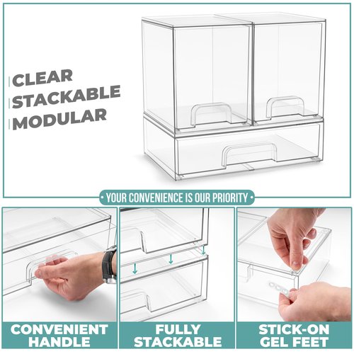 Sorbus Acrylic Storage Containers - 3 Pack, Stackable Storage Bins Set for Bathroom Organization - Clear Acrylic Drawer Organizers - Makeup Case Pull-Out Drawers (7.6’’ Tall and 12.1’’ Wide)