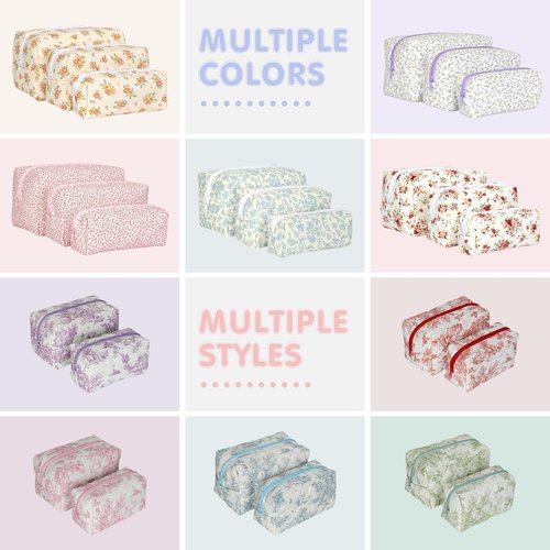Aintmax 3 PCS Quilted Makeup Bag,Cute Floral Cotton Coquette Cosmetic Bag,Large Travel Toiletry Bag Makeup Brushes Storage Organizer for Women-Red Rose