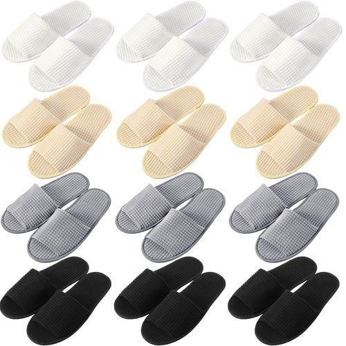 Bunnycool 12 Pairs Disposable Slippers for Guests Open Toe Spa Slippers Bulk Disposable Sandals Soft Fleece for Man Women Spa Hotel Wedding Shoeless Home(Beige, Khaki, Light Gray, Black)