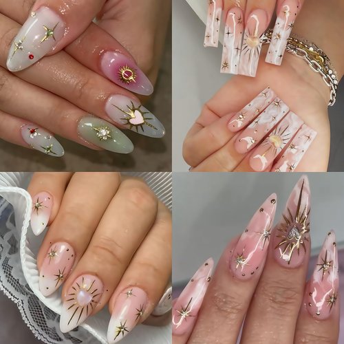 3 Sheets Star Nail Stickers for Nail Art 5D Embossed Gold Nail Decals with Heart Rhinestones Star Design Manicure Supplies Aurora Heart Metallic Star Nail Art Stickers for Women DIY Decor Accessories