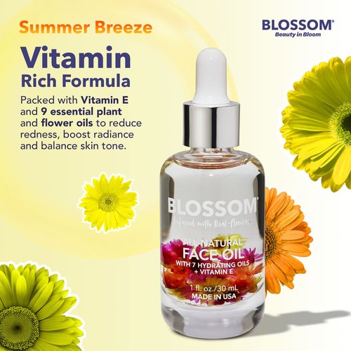 Blossom Unscented All Natural, Vegan, Cruelty Free Face Oil with Vitamin E, Infused with Real Flowers, Made in USA, 1 fl. oz., Summer Breeze