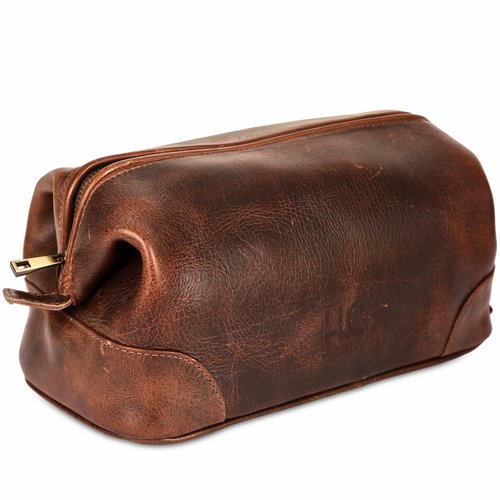 HLC Leather Toiletry Bag for Men - Premium Genuine Leather Dopp Kit Shaving Kit Organizer Travel Kit Pouch Bag - Large Size - Rustic Brown
