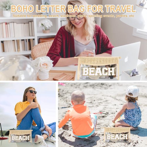 Iqimott 2Pcs Clear Patch Makeup Letter Bag, Boho Letter Bag for Beach Swim, Waterproof Zipper Make up Bags Toiletry Pouch for Women Girls, Clear Letters Patch Cosmetic Bags for Travel(Beach)
