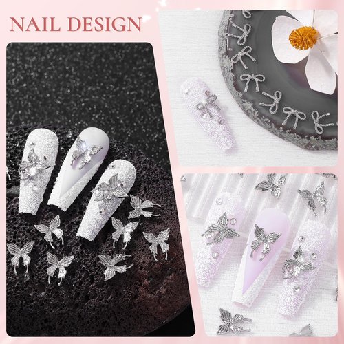 QPRETTY DU 3D Butterfly Nail Charms 100PCS Silver Metal Butterfly Nail and Gems Shiny Nails Art Decoration Supplies Accessories for Acrylic Nails DIY