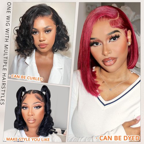 Iridescent Lace Front Bob Wigs Human Hair 13x4 HD Lace Glueless Bob Wig Human Hair Short Straight Frontal Bob Wigs for Black Women Pre Plucked with Baby Hair Natural Color 180% Density 10 Inch