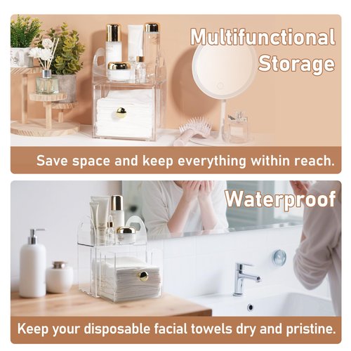 Acrylic Disposable Face Towel Storage Box Compatible with Clean Skin Club Clean Towels XL, Face Towel Holder with Drawer for Bathroom, Makeup Organizer for Vanity Table (Excluding Facial Towels)