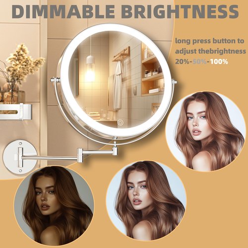Batuso 8.5" Wall Mounted Makeup Mirror with Light, 2000mAh Rechargeable Double Sided 1X / 10X Magnifying Vanity Mirror, 3 Color Lights Touch Dimmable 360° Rotation Bathroom Mirror, Chrome